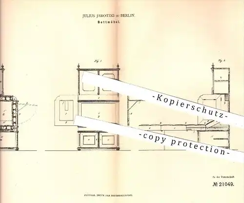 original Patent - Julius Jarotzki in Berlin , 1882 , Bettmöbel | Bett im Schrank , Möbel , Möbelbauer , Tischler , Holz