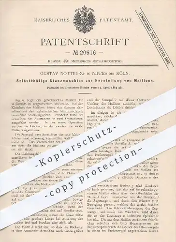 original Patent - G. Nottberg , Nippes / Köln , 1882 , Stanzmaschine zur Herstellung von Maillons für Webstühle | Metall