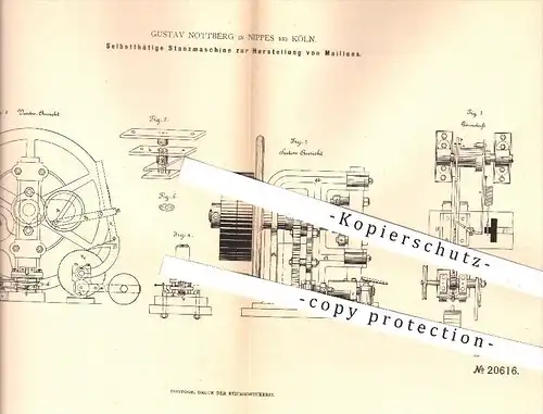 original Patent - G. Nottberg , Nippes / Köln , 1882 , Stanzmaschine zur Herstellung von Maillons für Webstühle | Metall