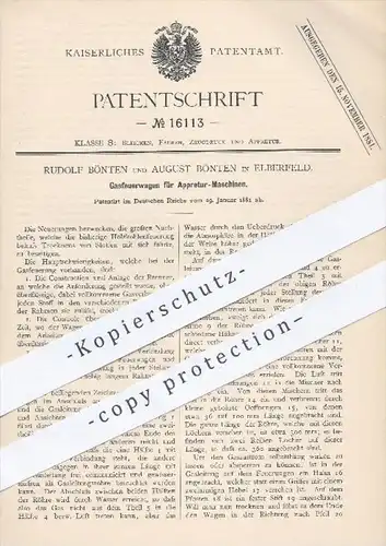 original Patent - Rudolf u. August Bönten , Elberfeld , 1881 , Gasfeuerwagen für Appretur - Maschinen | Appretieren !!!