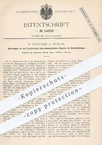 original Patent - H. Ventzke in Berlin , 1880 , Clauss'sche Interkommunikationssignalen bei Eisenbahnen | Eisenbahn