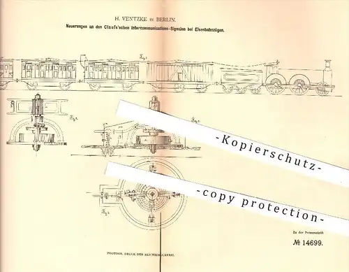 original Patent - H. Ventzke in Berlin , 1880 , Clauss'sche Interkommunikationssignalen bei Eisenbahnen | Eisenbahn