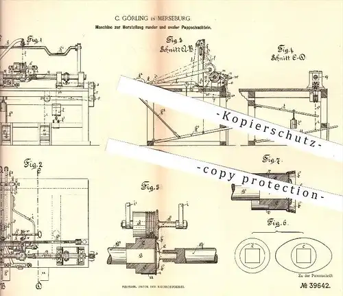 original Patent - C. Görling , Merseburg , 1886 , Herstellung runder u. ovaler Pappschachteln | Papier , Pappe , Karton