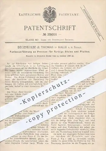 original Patent - Degenkolbe & Thomas , Halle / Saale , 1886 , Farbenzuführung an Pressen für farbige Steine u. Platten