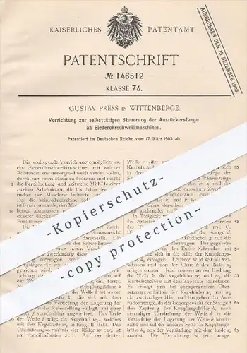 original Patent - Gustav Press in Wittenberge , 1903 , Steuerung der Ausrückerstange an Schweißmaschinen | Rohr , Rohre