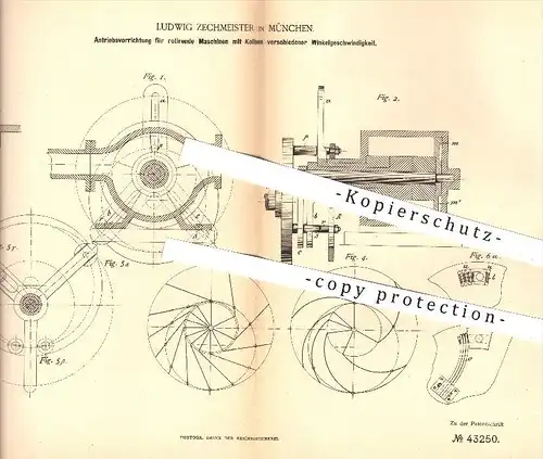 original Patent - Ludwig Zechmeister in München , 1887 , Antrieb für rotierende Maschinen mit Kolben | Pumpe , Pumpen !!