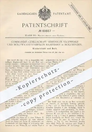 original Patent - KG Vereinigte Sägewerke u. Holzwarenfabriken Haarmann , Holzminden 1890 , Kinderstuhl u. Bett , Möbel