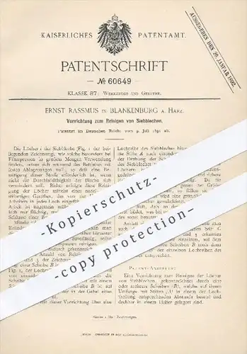 original Patent - Ernst Rassmus , Blankenburg , 1891 , Reinigen von Siebblechen | Reinigung , Siebe , Werkzeuge !!!