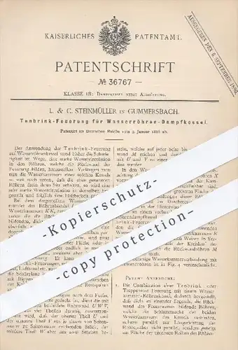 original Patent - L. C. Steinmüller , Gummersbach , 1886 , Tenbrink Feuerung für Wasserröhren - Dampfkessel , Kessel !!!