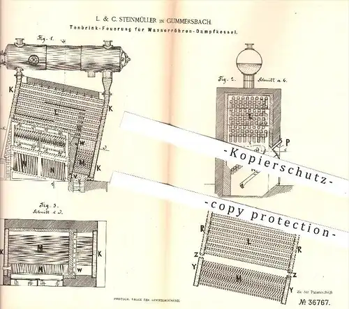 original Patent - L. C. Steinmüller , Gummersbach , 1886 , Tenbrink Feuerung für Wasserröhren - Dampfkessel , Kessel !!!