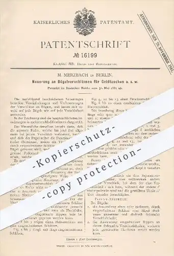 original Patent - M. Merzbach in Berlin , 1881 , Bügelverschlüsse für Geldtaschen , Brieftasche , Portmonee , Taschen !!