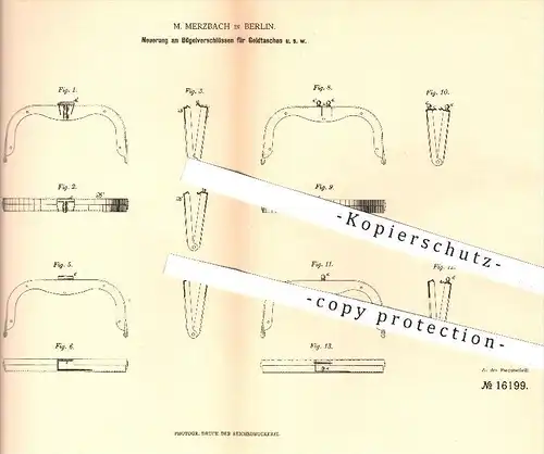 original Patent - M. Merzbach in Berlin , 1881 , Bügelverschlüsse für Geldtaschen , Brieftasche , Portmonee , Taschen !!