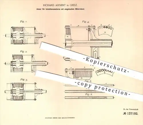 original Patent - Richard Ahnert in Greiz , 1902 , Anker für Induktionsmotoren mit Widerstand | Motor , Motoren !!!