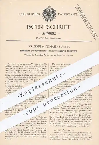 original Patent - GG. Berni in Pirmasens , 1893 , Elektrische Kontrollvorrichtung mit ausschaltbarem Läutewerk | Signal