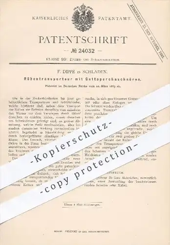 original Patent - F. Dippe , Schladen , 1883 , Rübentransporteur mit Guttaperchaschnüren | Rüben , Zuckerfabrik , Zucker