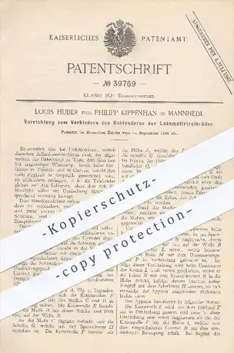 original Patent - L. Huber , Ph. Kippenhan , Mannheim , 1886 , Verhindern des Schleuderns der Lokomotivräder | Eisenbahn