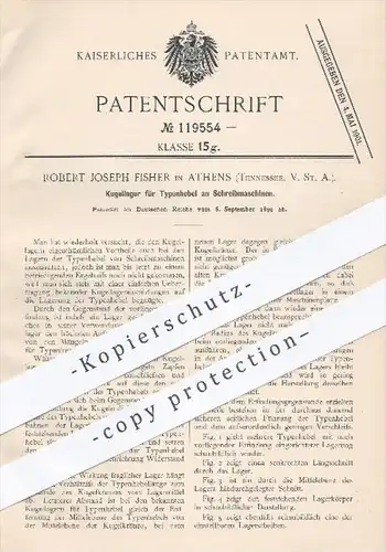 original Patent - R. J. Fisher , Athens , Tennessee USA , 1899 , Kugellager für Typenhebel an Schreibmaschinen | Büro !!