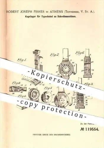 original Patent - R. J. Fisher , Athens , Tennessee USA , 1899 , Kugellager für Typenhebel an Schreibmaschinen | Büro !!