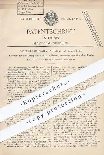 original Patent - R. Lohmar , Hamburg Altona Bahrenfeld , 1906 , Herstellung von Papier - Blocks für Kasse / Kalender