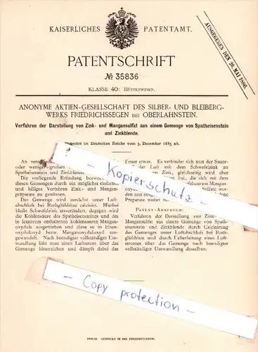 Original Patent  - Anonyme Aktien-Gesellschaft des Silber- und Bleibergwerks Friedrichssegen !!!