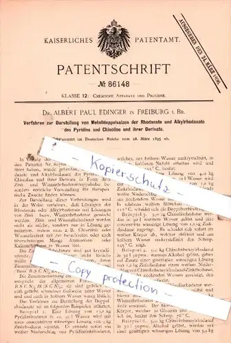 Original Patent  - Dr. Albert Paul Edinger in Freiburg i. Br. , 1895 , Chemische Apparate !!!