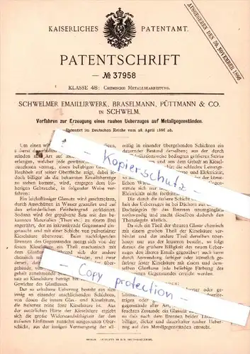 Original Patent  - Schwelmer Emaillirwerk, Braselmann, Püttmann & Co. in Schwelm , 1886 , !!!