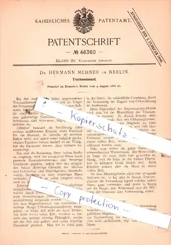 Original Patent  - Dr. Hermann Mehner in Berlin , 1888 , Trockenelement !!!