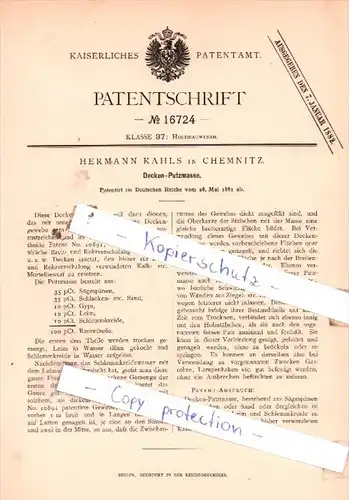 Original Patent  - Hermann Kahls in Chemnitz , 1881 , Decken-Putzmasse !!!