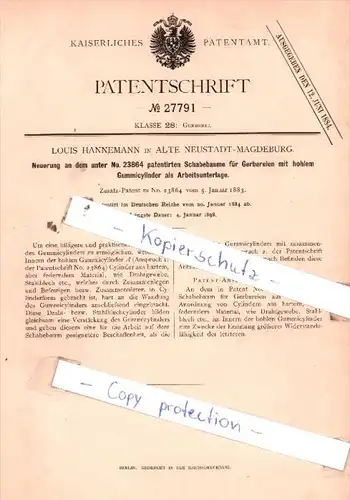 Original Patent  - Louis Hannemann in Alte Neustadt-Magdeburg , 1884 , Gerberei !!!