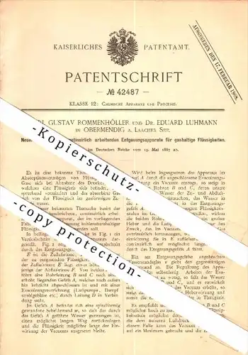 Original Patent - Carl Rommenhöller und Dr. E. Luhmann in Obermendig a. Laacher See , 1887 , Entgasungsapparat , Mendig