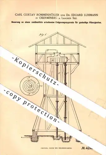 Original Patent - Carl Rommenhöller und Dr. E. Luhmann in Obermendig a. Laacher See , 1887 , Entgasungsapparat , Mendig