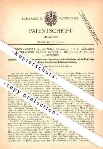 Original Patent - Böttiger & Seidler in Gößnitz / An der Poststraße ,1885, Apparat für Elektrolyse , Omholt auf Arendal