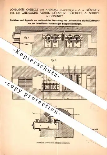Original Patent - Böttiger & Seidler in Gößnitz / An der Poststraße ,1885, Apparat für Elektrolyse , Omholt auf Arendal