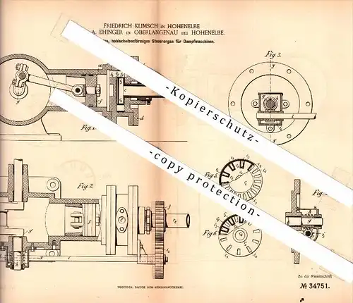 Original Patent - F. Klimsch und A. Ehinger in Oberlangenau , Hohenelbe / Vrchlabi ,1885, Steuerung für Dampfmaschine
