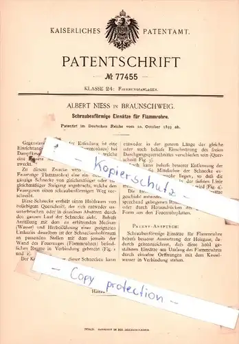 Original Patent  - Albert Niess in Braunschweig  , 1893 , Feuerungsanlagen !!!