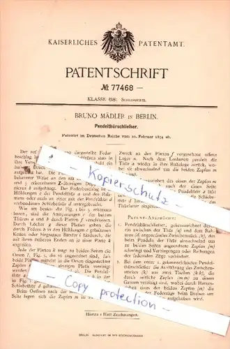 Original Patent  - Bruno Mädler in Berlin , 1894 , Pendelthürschließer !!!