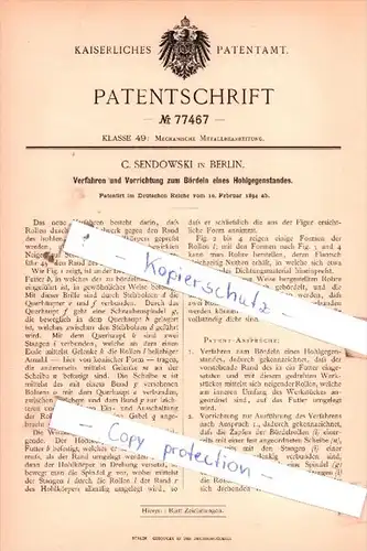 Original Patent  - C. Sendowski in Berlin , 1894 , Mechanische Metallbearbeitung !!!