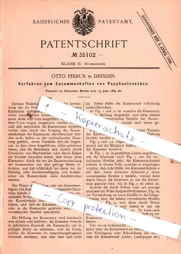 Original Patent  - Otto Pekrun in Dresden , 1885 , Buchbinderei !!!