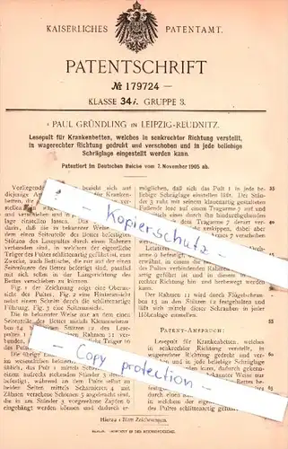 Original Patent  - Paul Gründling in Leipzig-Reudnitz , 1905 , Lesepult für Krankenbetten !!!