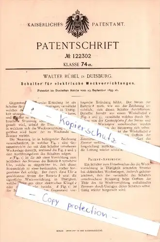 Original Patent  - Walter Rübel in Duisburg , 1899 , Schalter für elektrische Weckvorrichtungen !!!