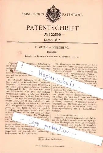 Original Patent  - F. Muth in Nürnberg , 1900 , Bügelofen !!!