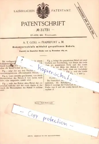 Original Patent  - A. T. Goll in Frankfurt a. M. , 1884 , Kurzwaaren !!!