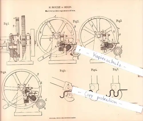Original Patent  - H. Betche in Berlin , 1884 , Wellblechbiegemaschine !!!