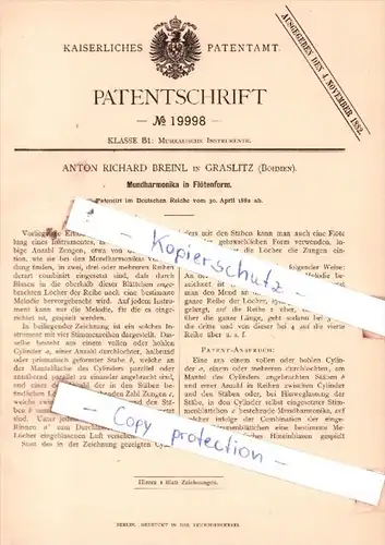 Original Patent  - Anton Richard Breinl in Graslitz , Böhmen , 1882 ,  Mundharmonika in Flötenform !!!