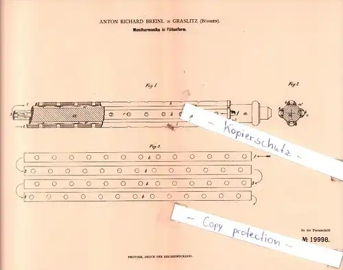 Original Patent  - Anton Richard Breinl in Graslitz , Böhmen , 1882 ,  Mundharmonika in Flötenform !!!