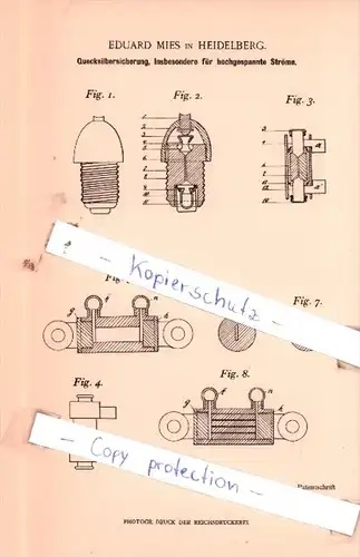 Original Patent  - Eduard Mies in Heidelberg , 1901 , Quecksilbersicherung !!!