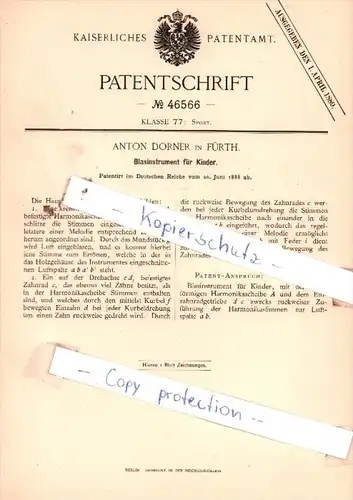 Original Patent  - Anton Dorner in Fürth , 1888 , Blasinstrument für Kinder !!!