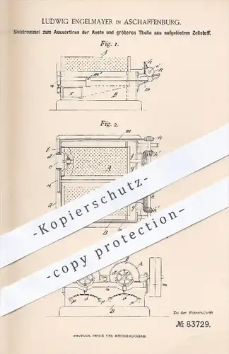 original Patent - L. Engelmayer , Aschaffenburg , 1895 , Siebtrommel zum Aussortieren der Äste , Papier , Papierfabrik !