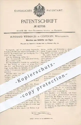 original Patent - B. Wenninger , Göppingen , 1895 , Schärfen von Sägen , Säge , Holzsäge , Holz , Holzbearbeitung !!