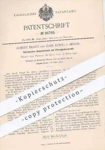 original Patent - Robert Krayn , Carl König , Berlin , 1897 , Galvanisches Doppelelement mit Flüssigkeitsvorrat !!!